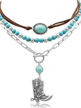 New Layered Western Cowgirl Necklace Boho Turquoise Beaded Cowboy Boot Pendant